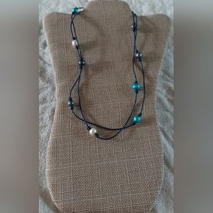 Handmade Peacock, White & Lt. Blue Pearl & Navy Blue Leather Necklace